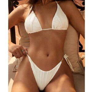 Zafull Women 2 Piece Swimsuit Large Beige Halter Bikini Tie Side Strappy Thong